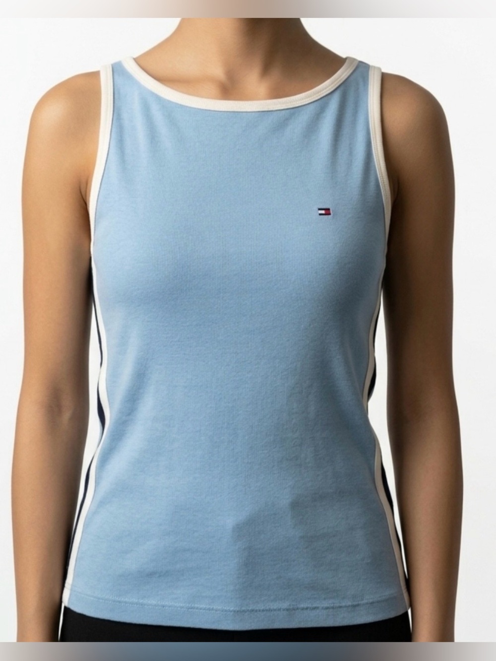 TOMMY HILFIGER WOMENS, LIGH BLUE W/BLK & WHITE STRIPE GOING DOWN THE SIDE.